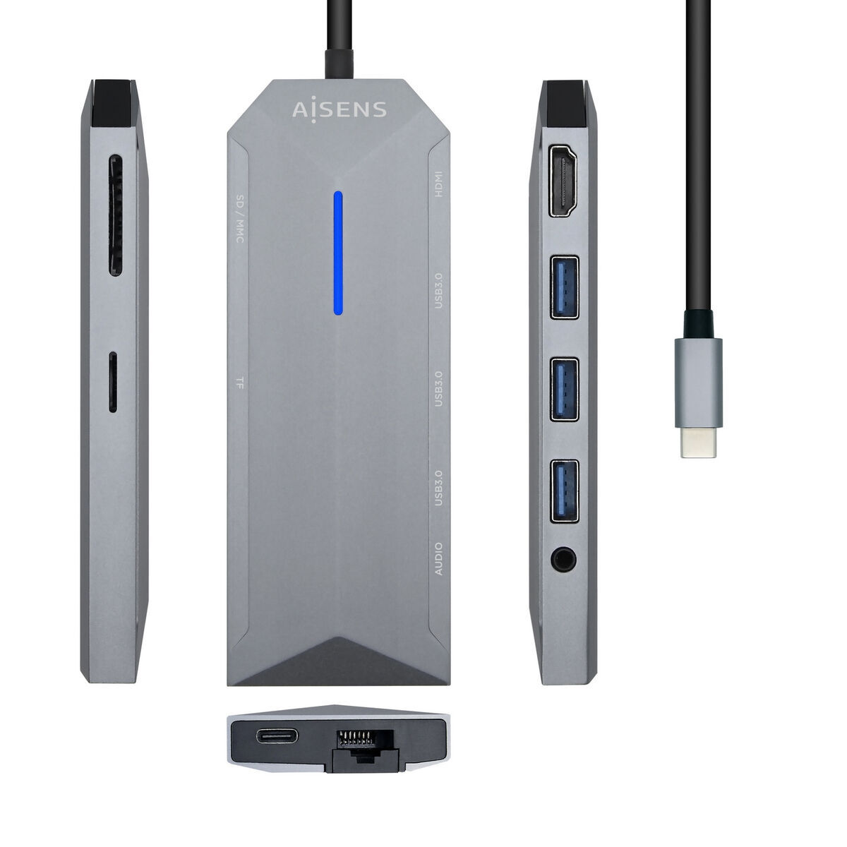 Hub USB-C Aisens ASUC-9P001-GR Gri 100 W