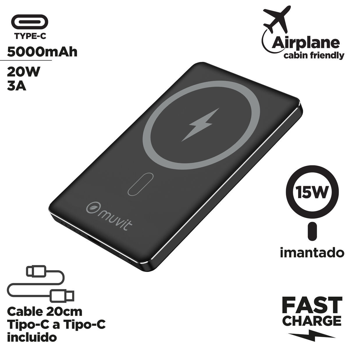Powerbank Muvit for Change MCCHP0009 Negru Aluminiu 5000 mAh