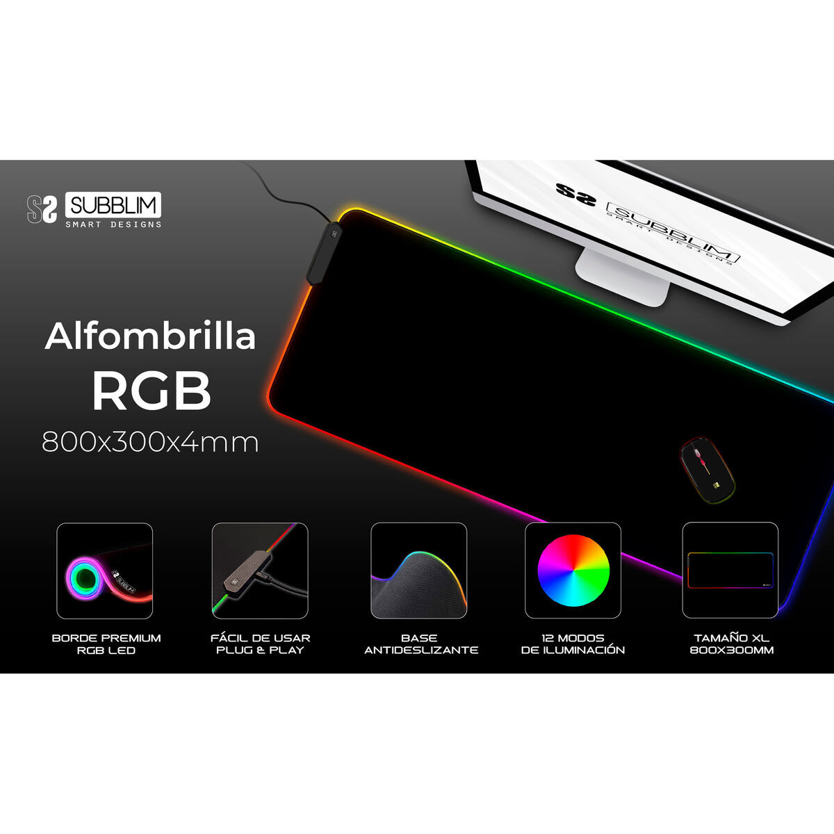 Covoraș de șoarece Subblim SUBMP-02RGB01 Negru Multicolor