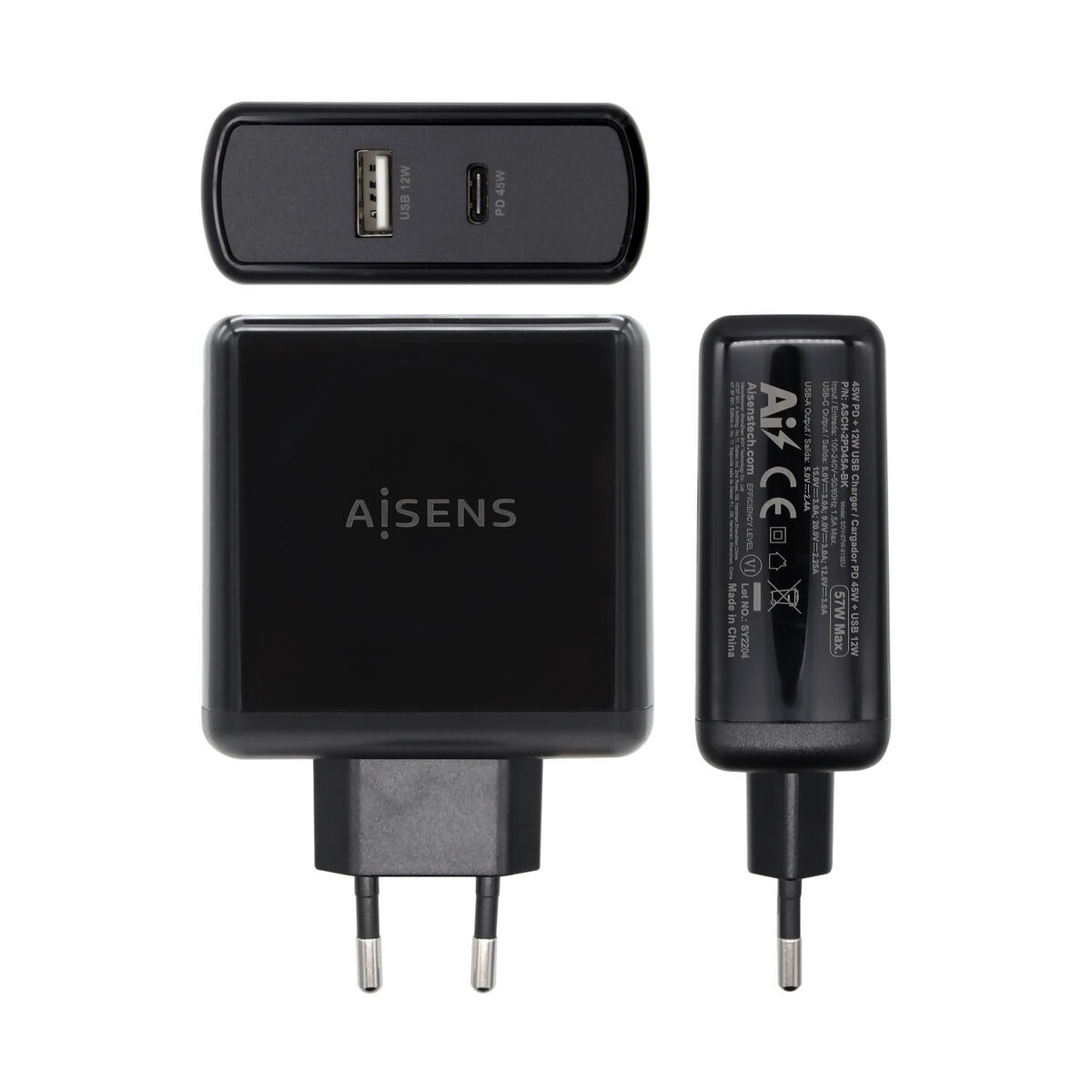 Încărcător USB Perete Aisens ASCH-2PD45A-BK 57 W Negru
