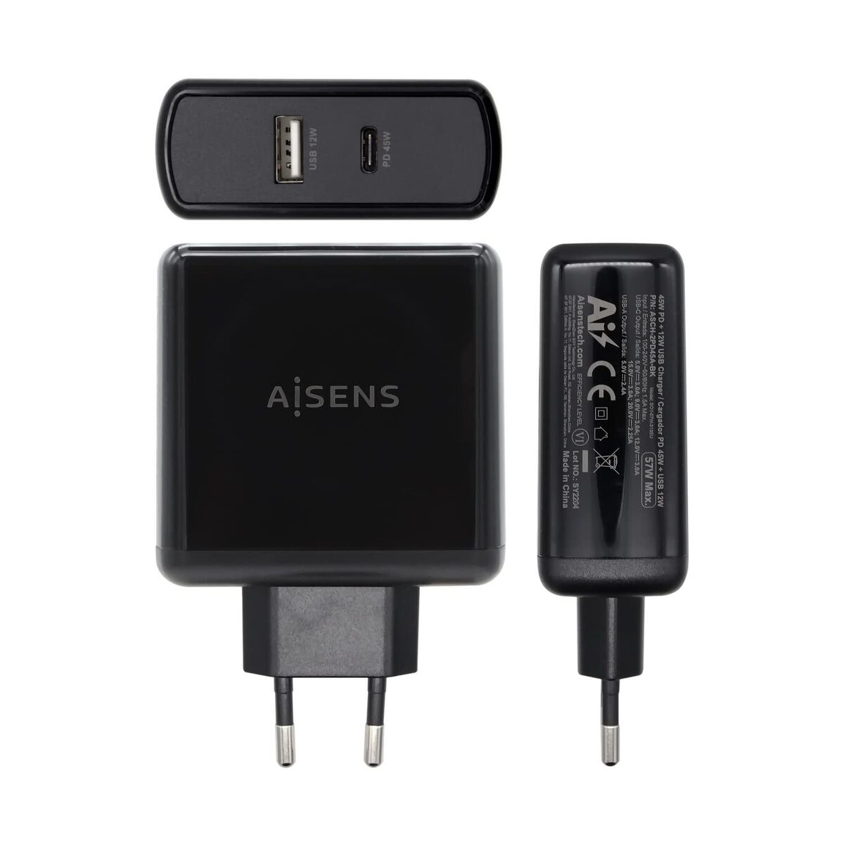 Încărcător USB Perete Aisens ASCH-2PD45A-BK 57 W Negru