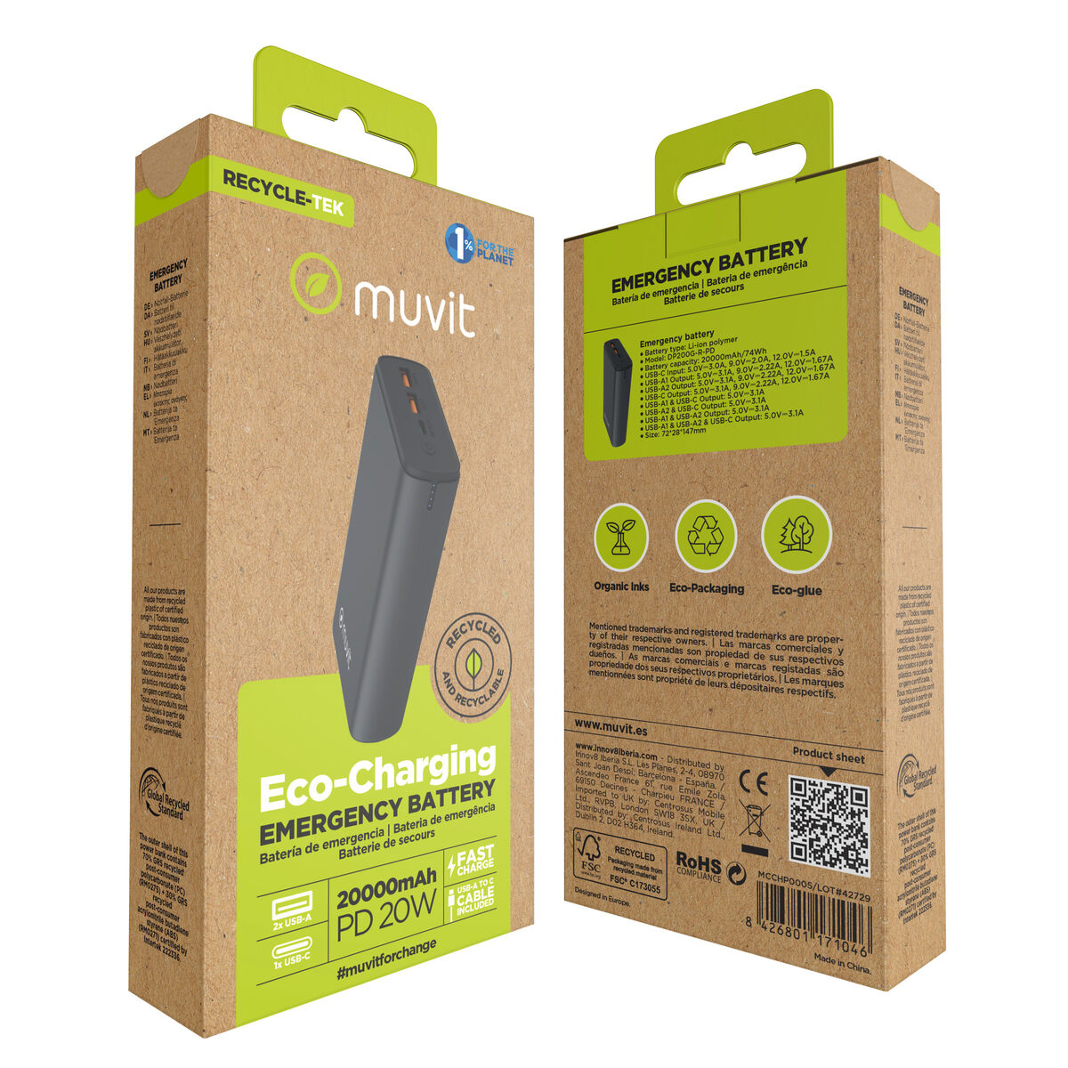 Powerbank Muvit for Change DP200G-R-PD Negru 20 W