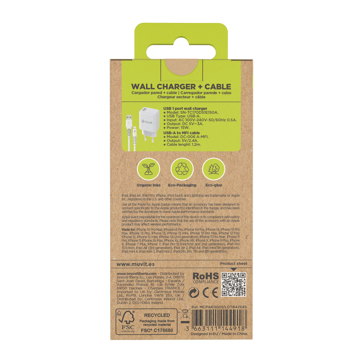 Încărcător de Perete + Cablu USB A la USB-C Muvit for Change SN-TC170DS1E150A + DC-006 Alb 12 W