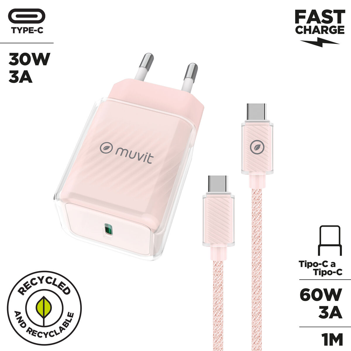 Încărcător de Perete + Cablu USB-C Muvit for Change  Glass GaN Roz