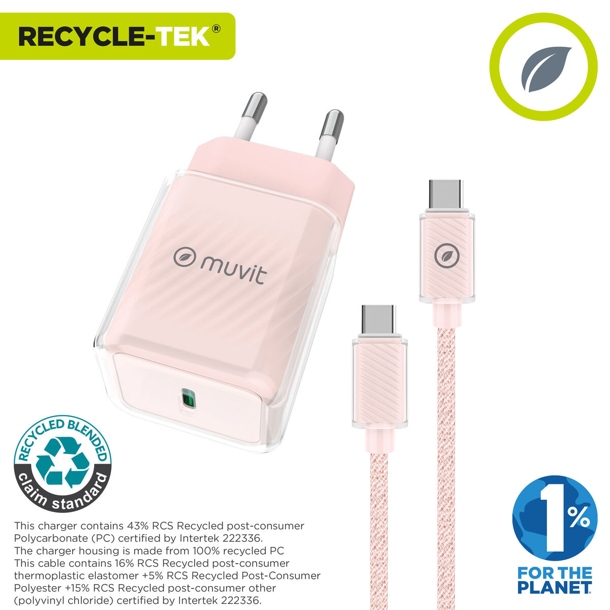 Încărcător de Perete + Cablu USB-C Muvit for Change  Glass GaN Roz