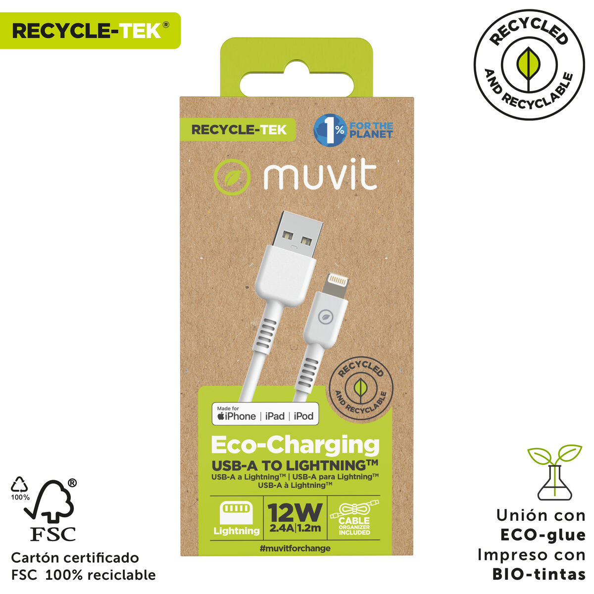 Cablu USB la Lightning Muvit for Change Alb 1,2 m