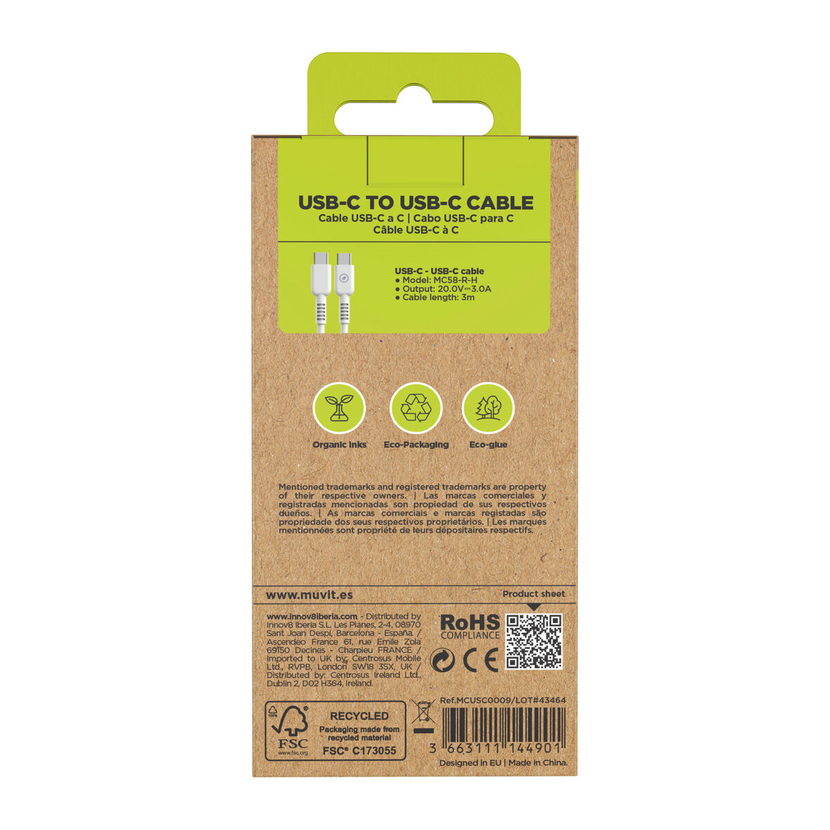 Cablu USB-C la USB-C Muvit for Change Alb 3 m