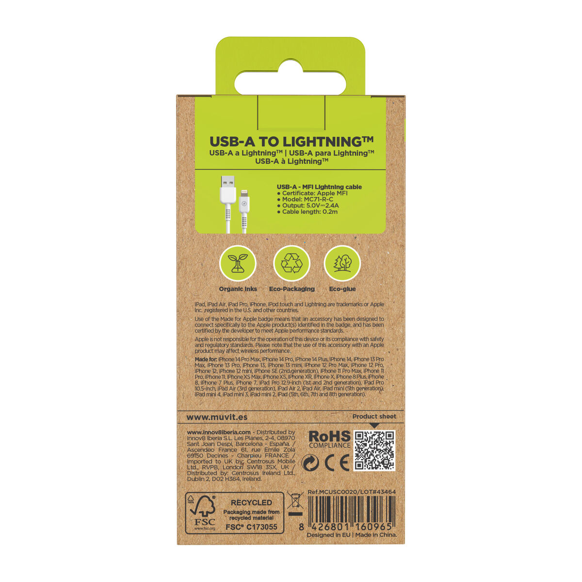 Cablu USB la Lightning Muvit for Change Alb