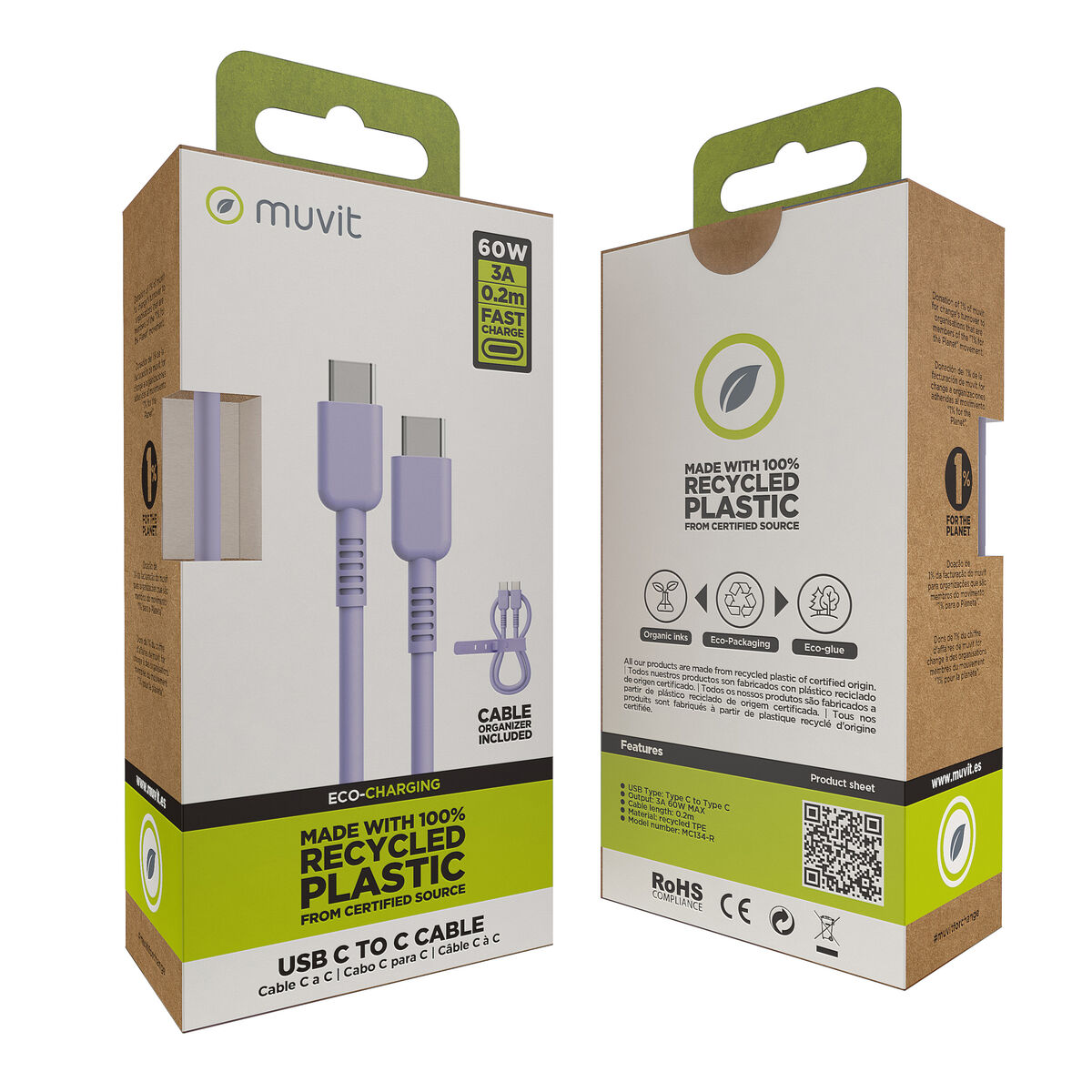 Cablu USB-C la USB-C Muvit for Change Lavandă 0,2 m