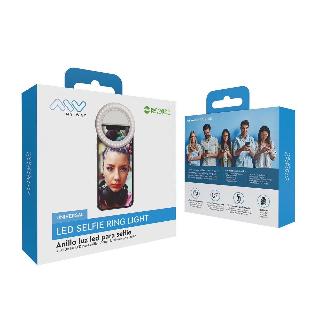 Ring-light reîncărcabil pentru Selfie Muvit MWCHL0007 Alb