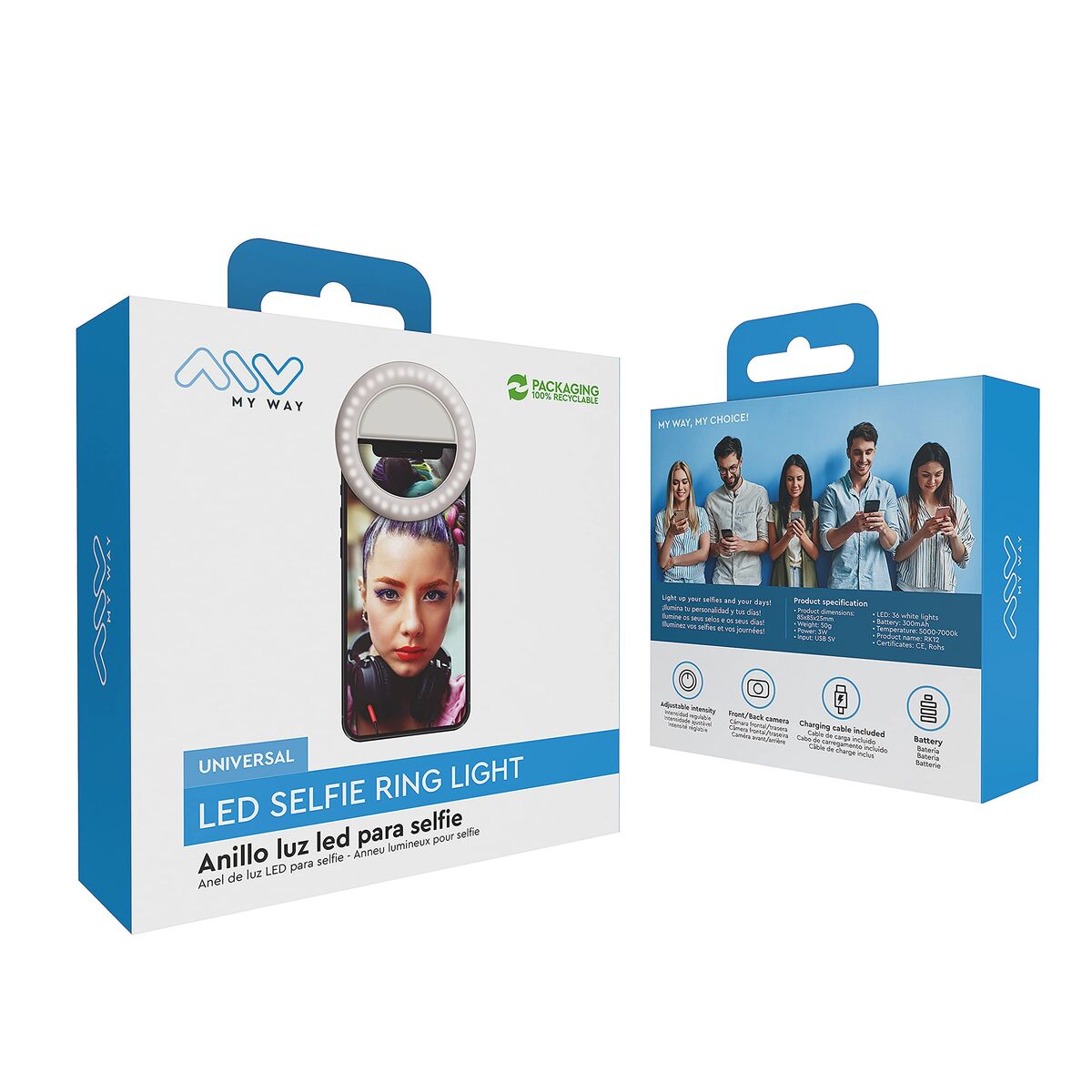 Ring-light reîncărcabil pentru Selfie Muvit MWCHL0007 Alb