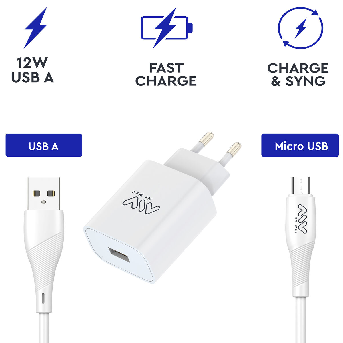 Încărcător de Perete + Cablu USB A la USB-C Myway Alb 12 W