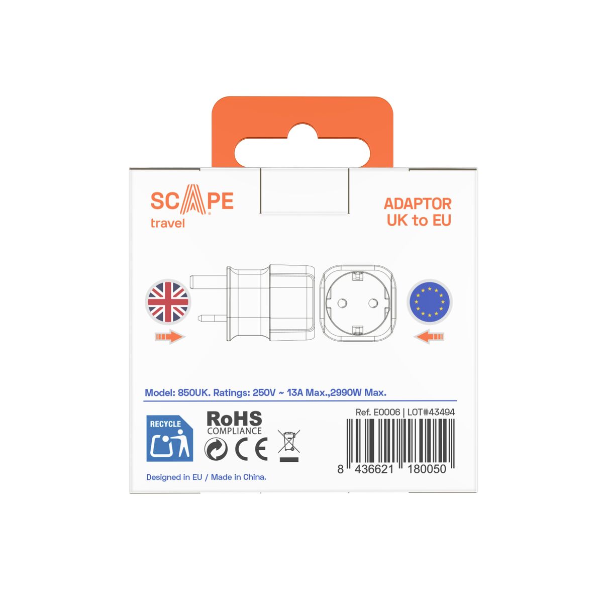 Hoț de priză Scape Travel 850UK Plastic 13 A