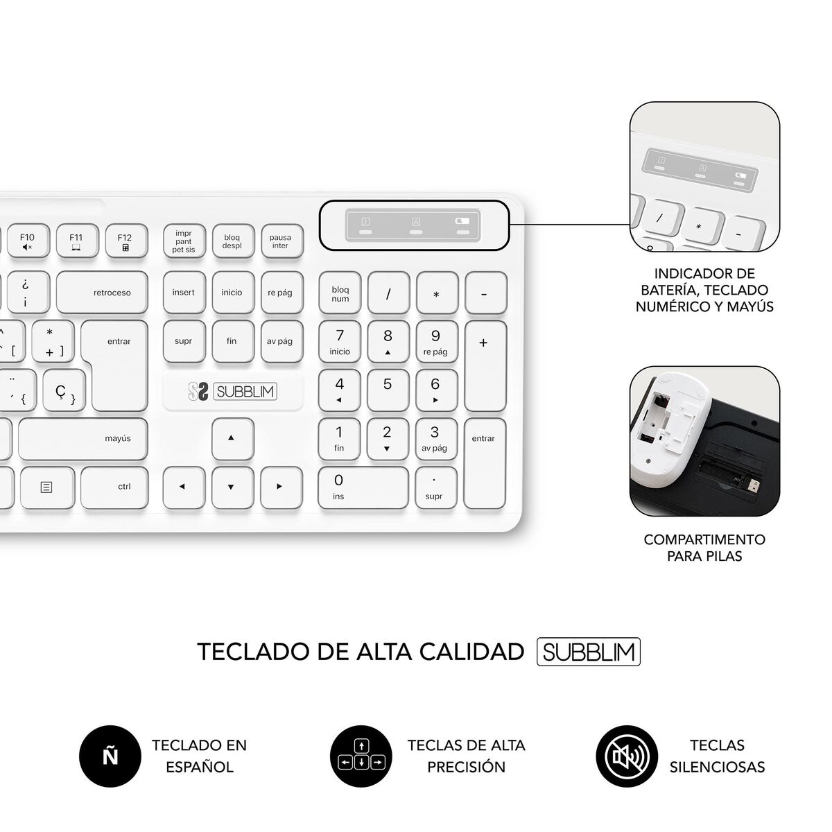 Tastatură și Mouse Fără Fir Subblim SUBKBC-CSSW11 Alb Qwerty Spaniolă