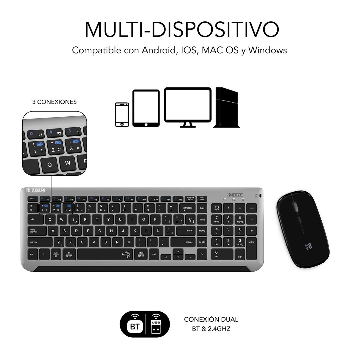 Tastatură și Mouse Fără Fir Subblim SUBKBC-DCEP20 Gri Qwerty Spaniolă