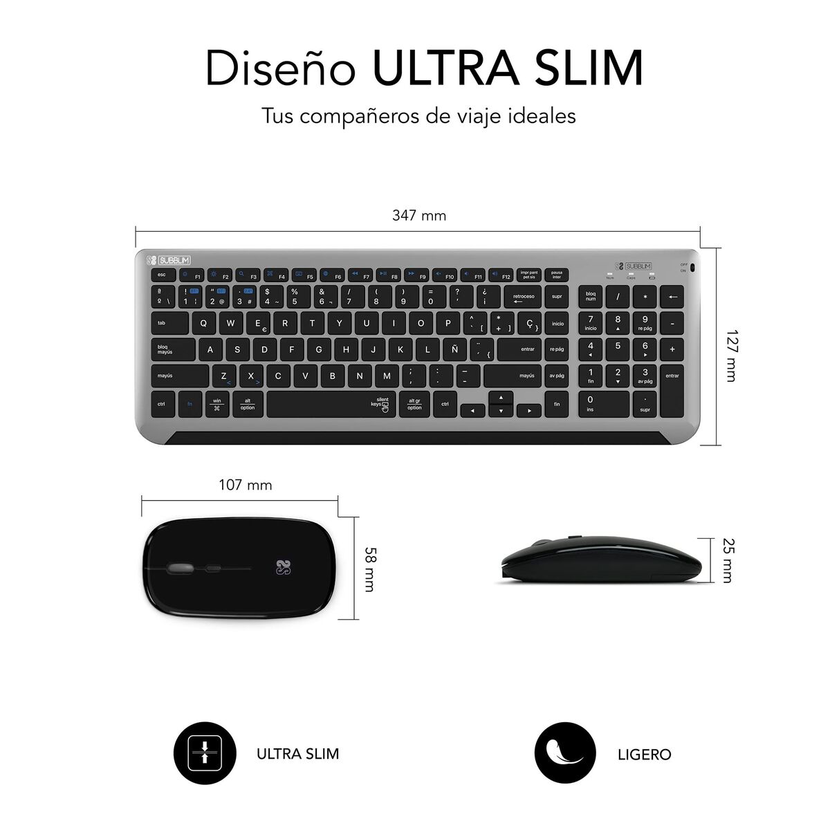 Tastatură și Mouse Fără Fir Subblim SUBKBC-DCEP20 Gri Qwerty Spaniolă