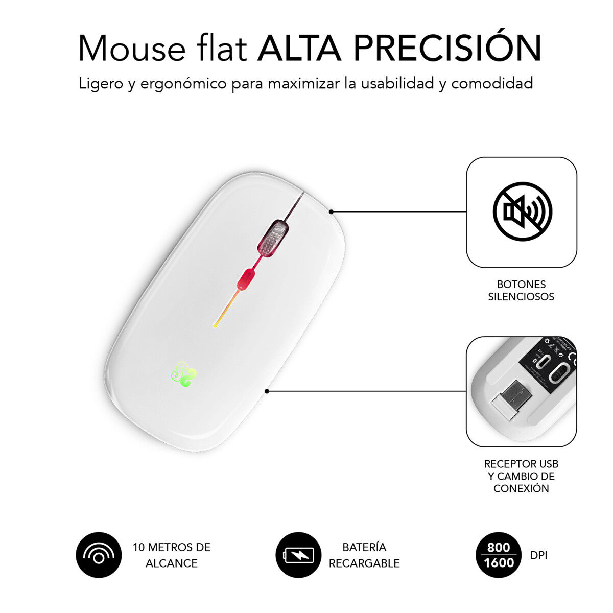 Mouse Bluetooth Fără Fir Subblim SUBMO-LDFLAT2 Alb 1600 dpi