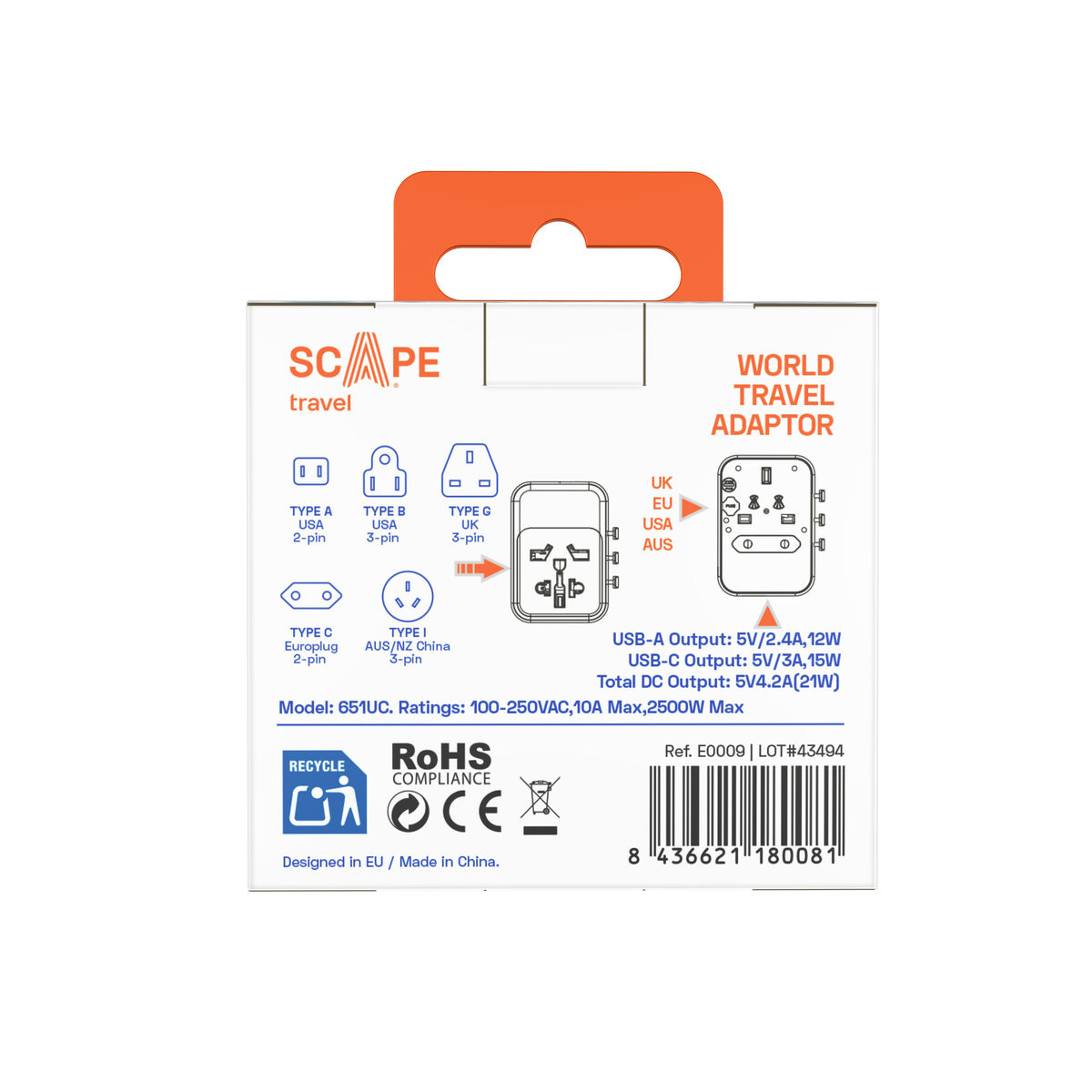 Hoț de priză Scape Travel 651UC Plastic