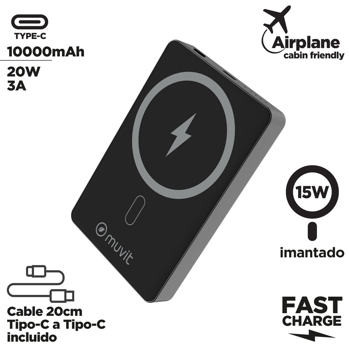 Powerbank Muvit for Change Negru Aluminiu 10000 mAh