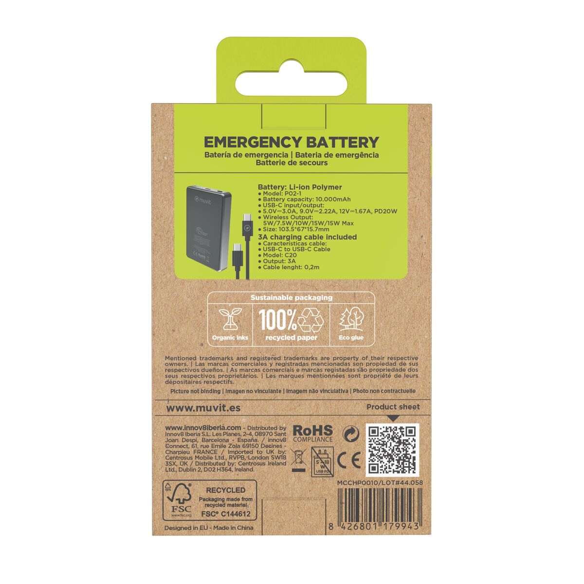 Powerbank Muvit for Change Negru Aluminiu 10000 mAh