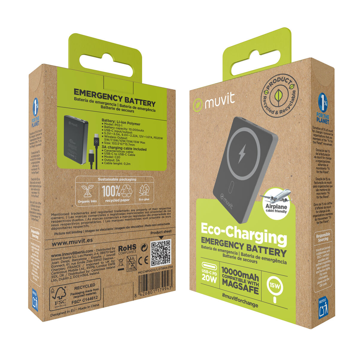 Powerbank Muvit for Change Negru Aluminiu 10000 mAh