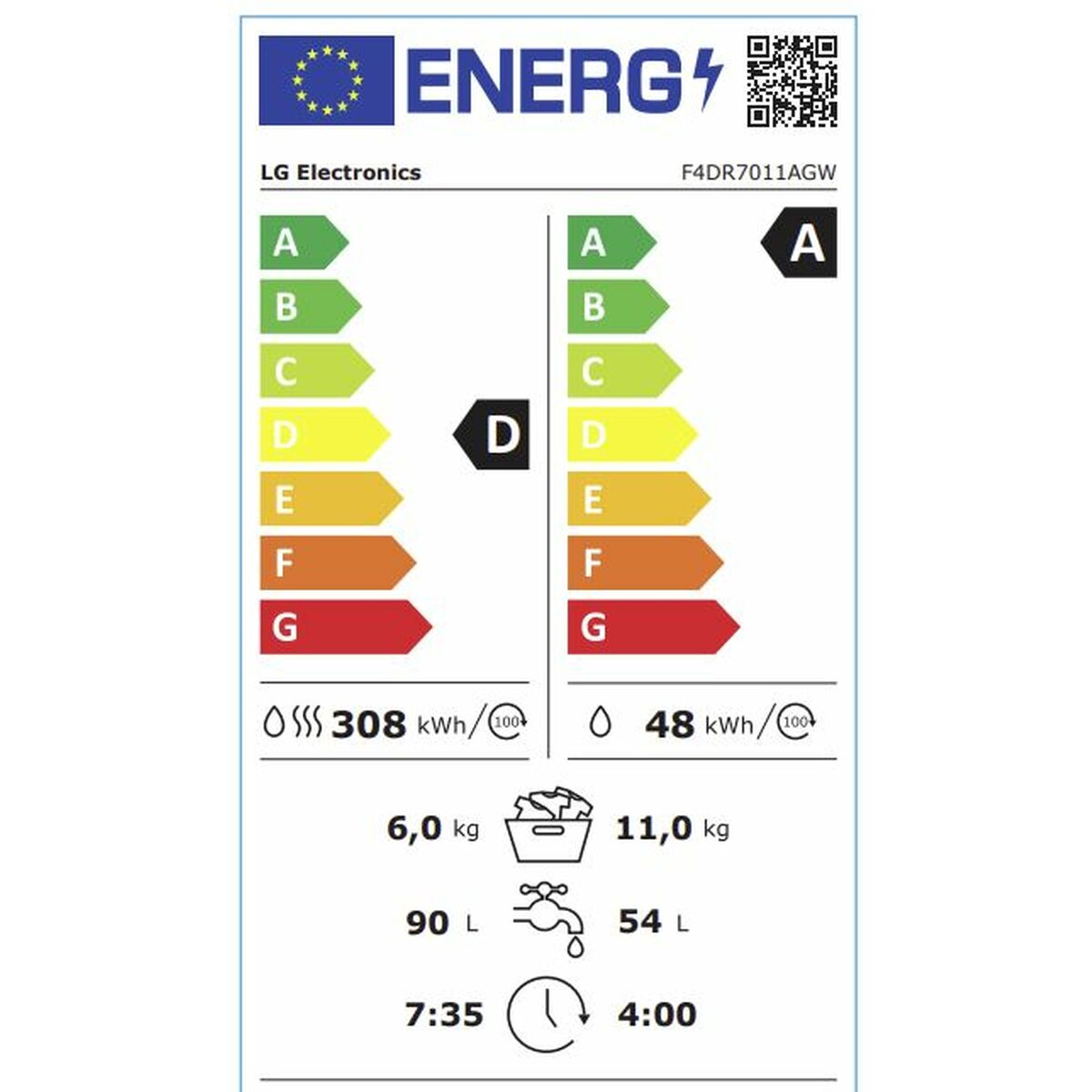 Washer - Dryer LG F4DR7011AGW 1400 rpm 11 kg/6 kg Alb