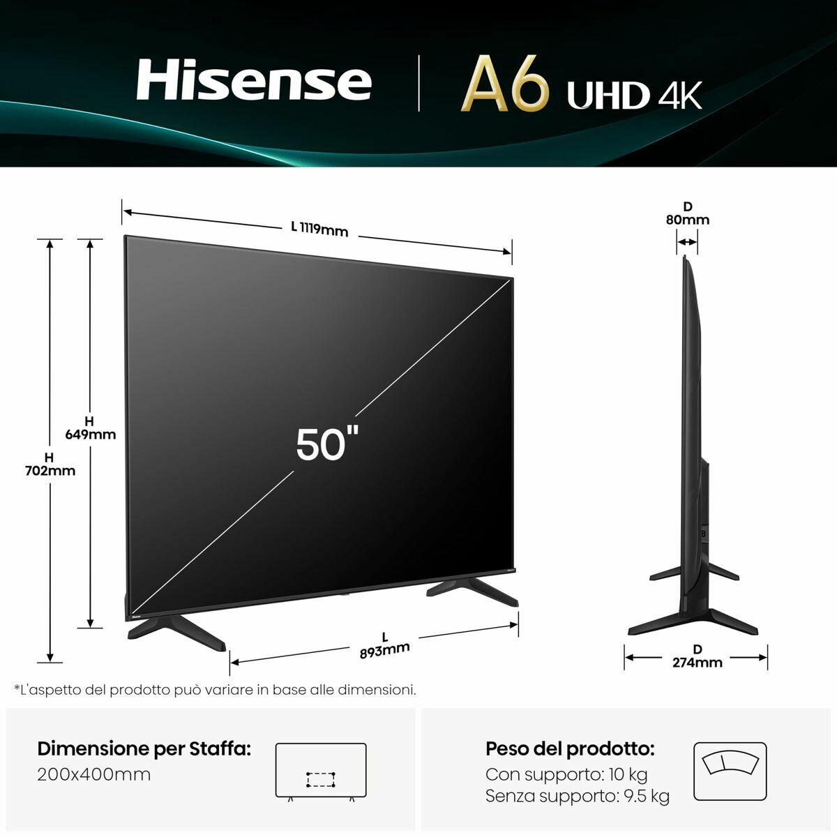 Smart TV Hisense 50A6Q 50" 4K Ultra HD LED HDR D-LED