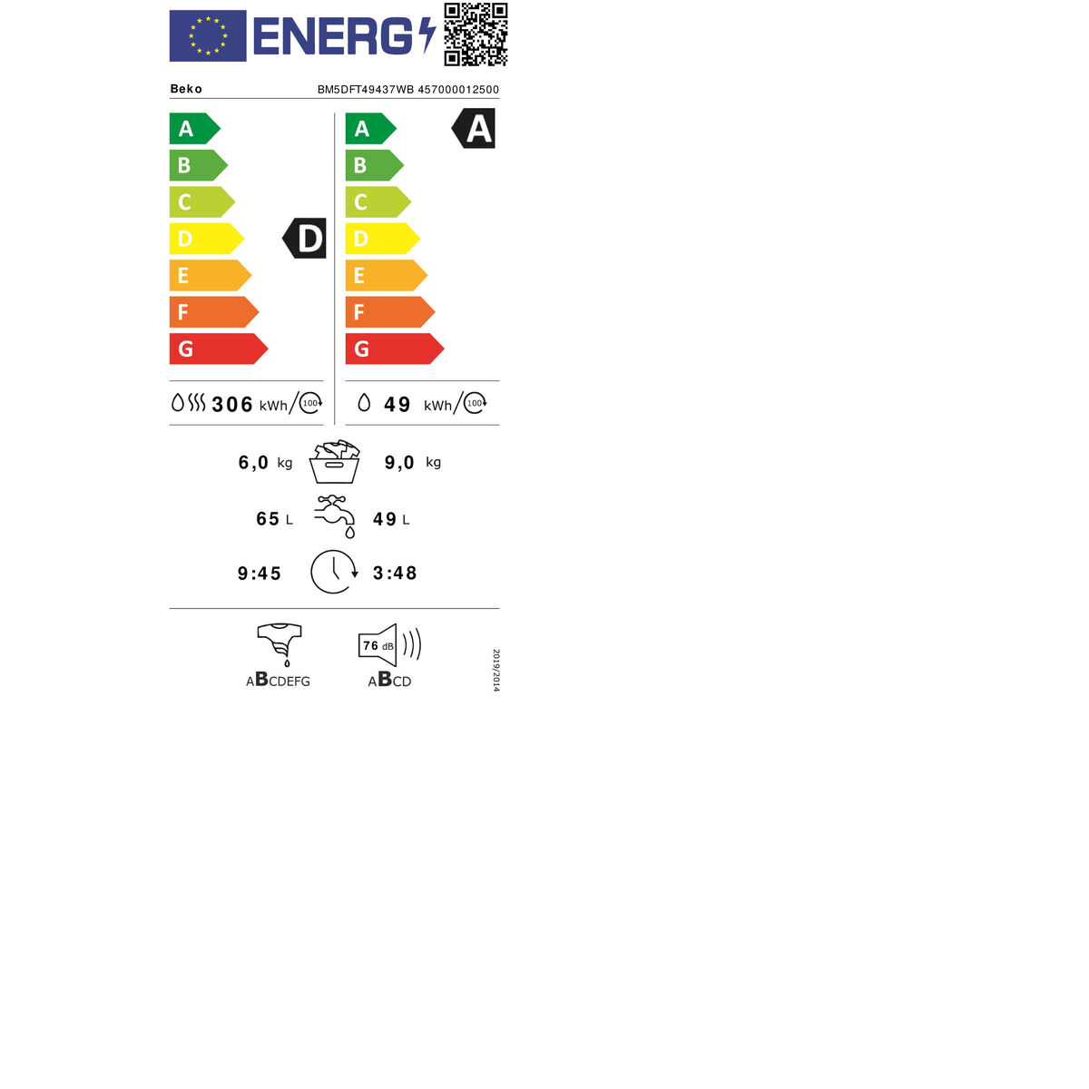Washer - Dryer BEKO BM5DFT49437WB 1400 rpm 9 kg 6 Kg