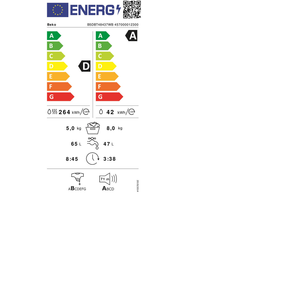 Washer - Dryer BEKO B5DBT48437WB 1400 rpm 5 kg 8 kg