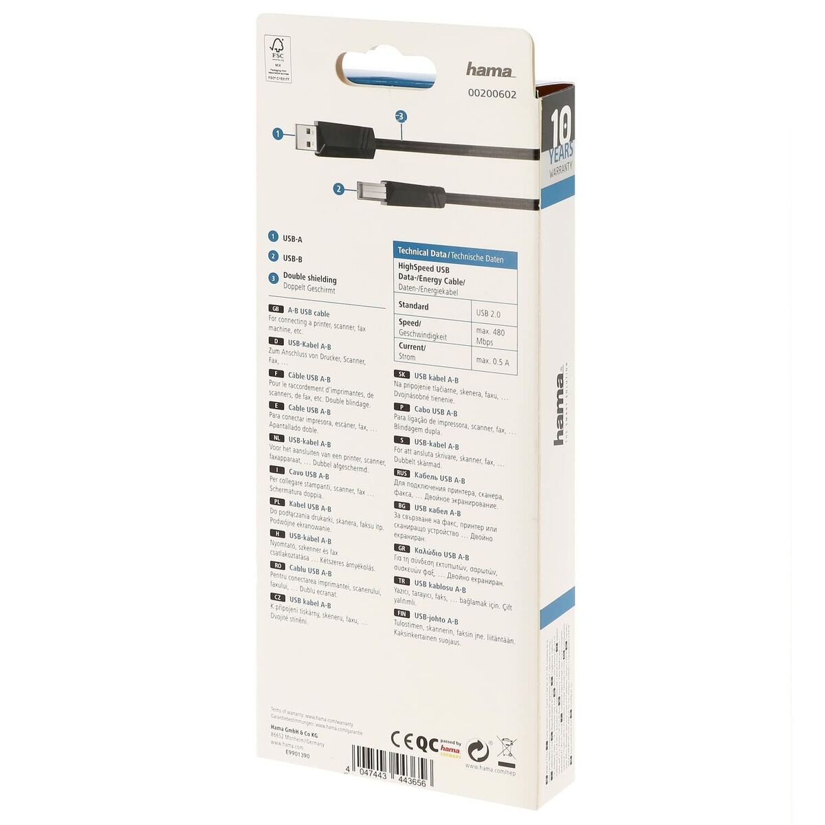 Cablu USB 2.0 A la USB B Hama 00200602 Negru