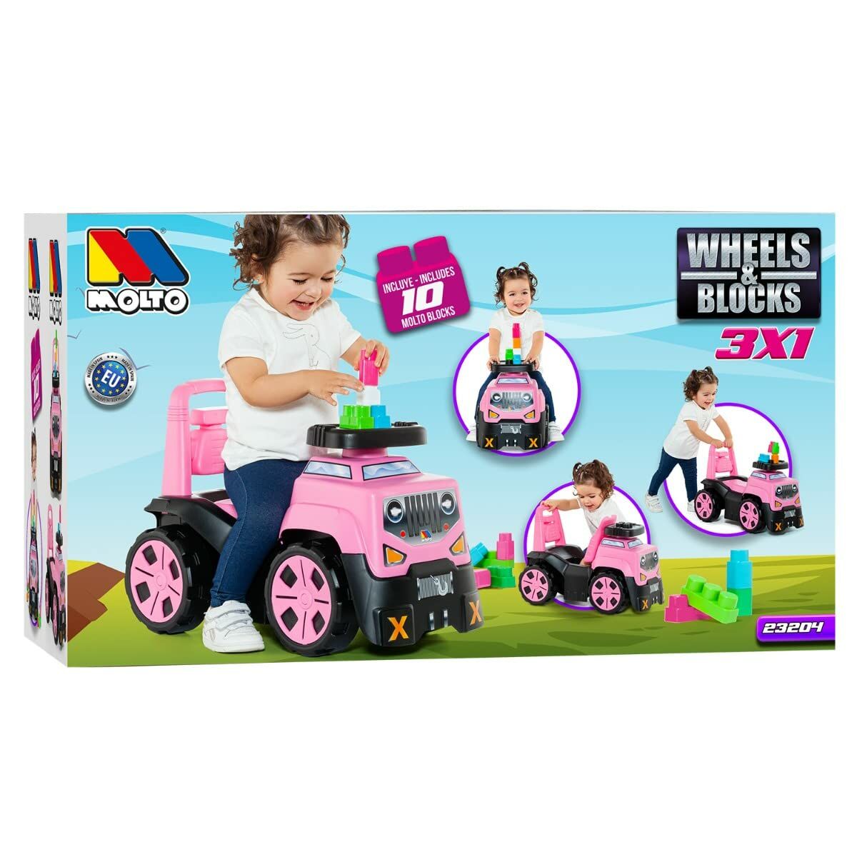 Mașină-Premergător Moltó 3x1 Wheels & Blocks 10 Piese 89 cm Roz