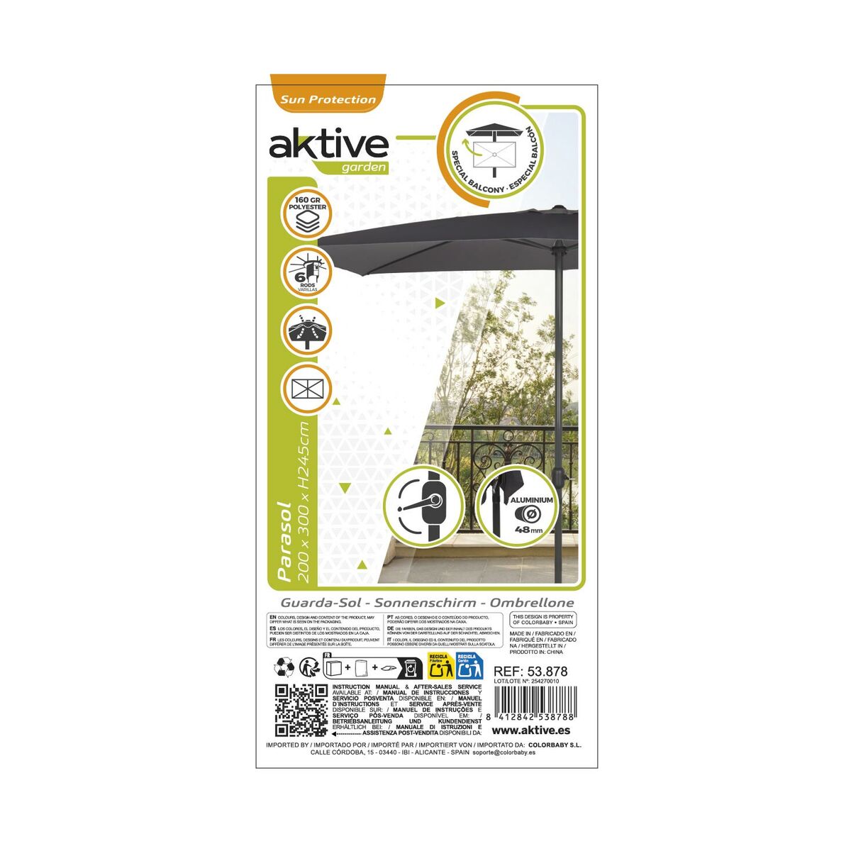 Umbreală de soare Aktive Antracit Aluminiu Ø 4,8 cm 300 cm