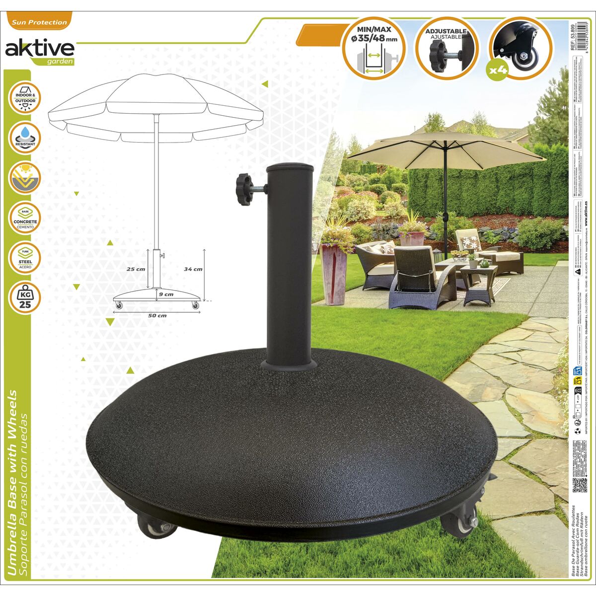 Bază pentru Umbrelă de Soare Aktive Negru 25 kg Cu roți