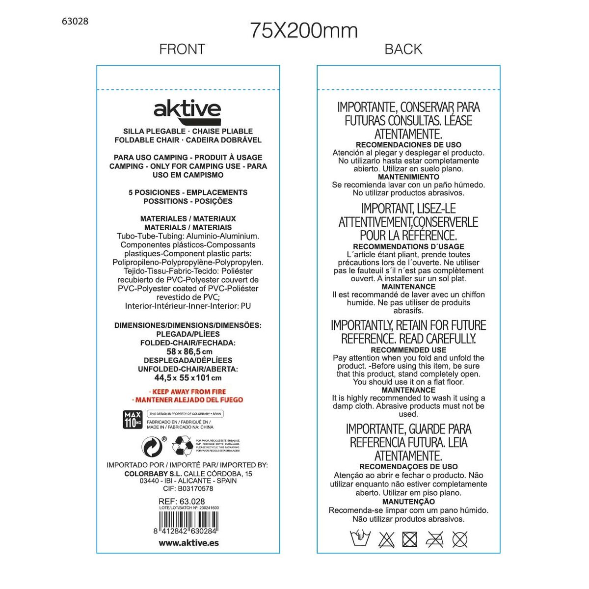 Scaunul Pliabil Aktive Rabatabil/ă Gri 44 x 55 x 101 cm