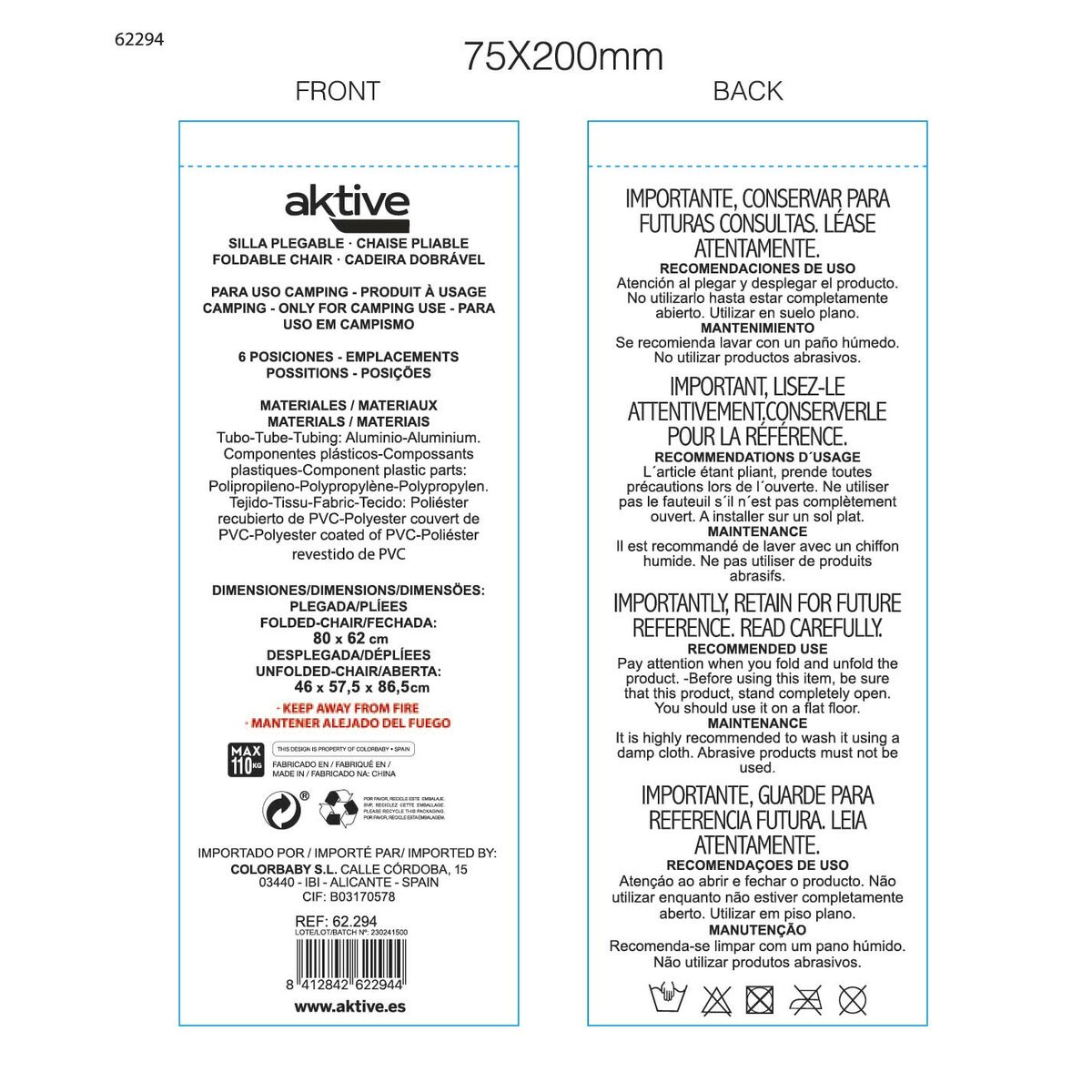 Scaunul Pliabil Aktive 47 x 57 x 89 cm Gri