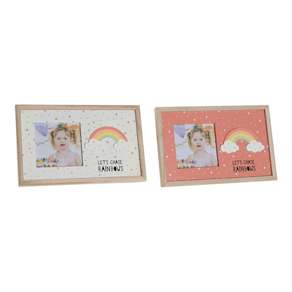 Ramă Foto DKD Home Decor Curcubeu Roz Alb Infantil Lemn MDF (25 x 1 x 16 cm) (2 Unități)