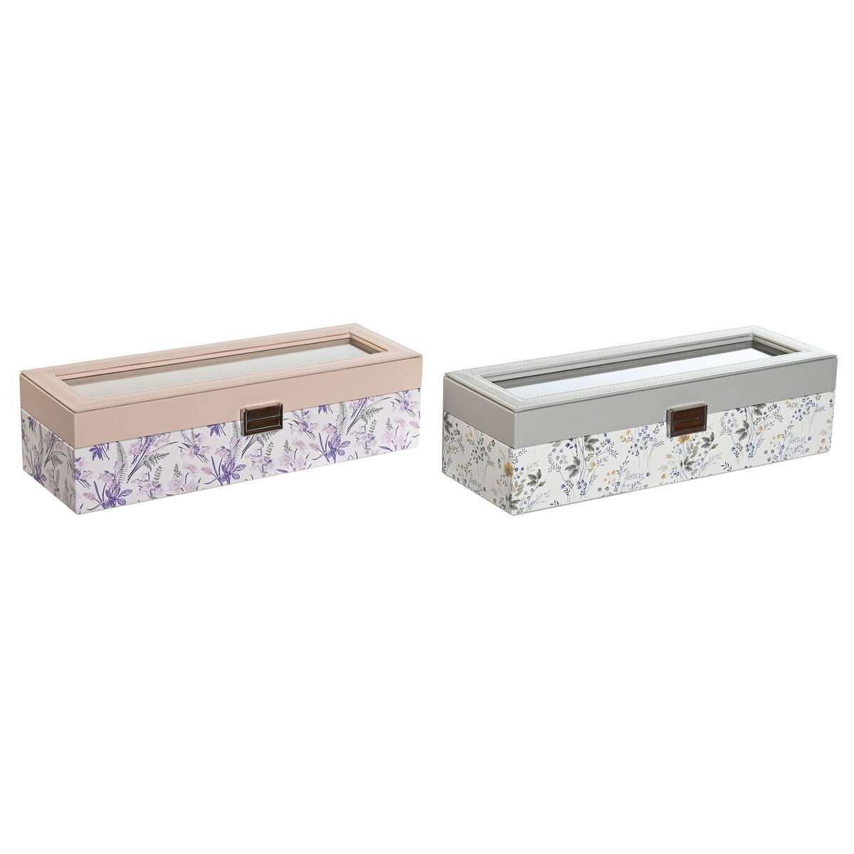 Cutie de ceasuri DKD Home Decor Alb Gri Liliachiu Roz deschis Geam 33 x 11 x 9 cm (2 Unități)