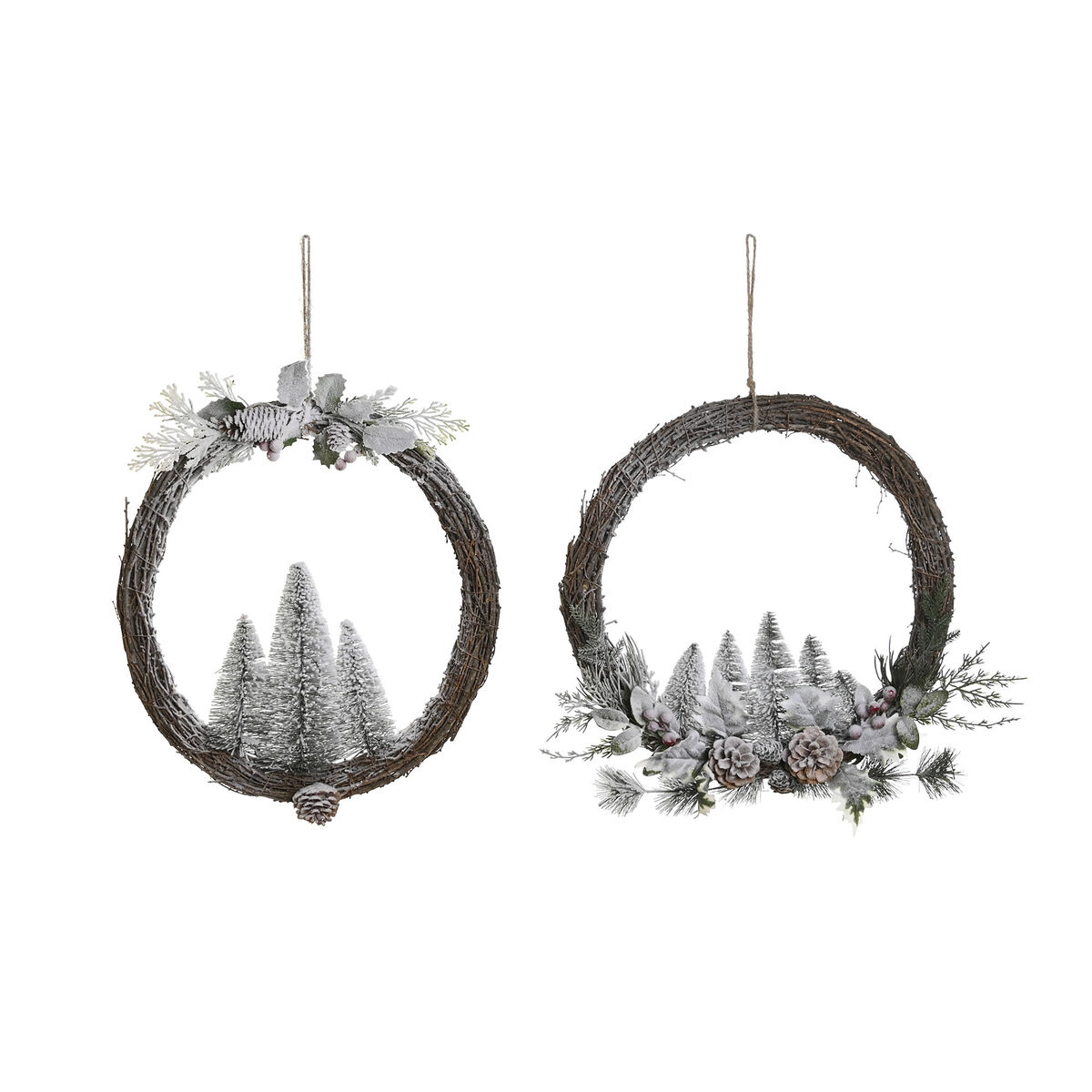 Coroană de Crăciun DKD Home Decor Natural răchită Ananas Ninsoare 46 x 7 x 46 cm (2 Unități)