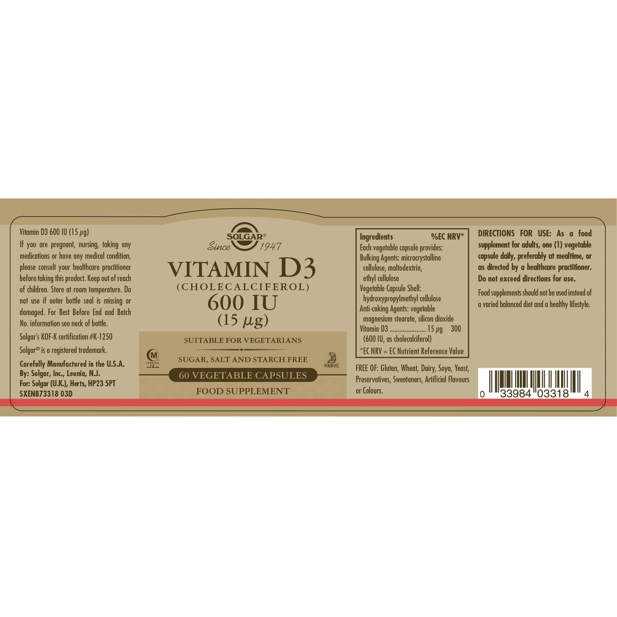 Vitamina D3 (colecalciferol) Solgar 600 iu 60 Capsule