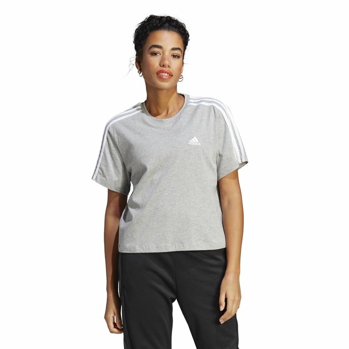 Tricou cu Mânecă Scurtă Femei Adidas 3S Cropped Top Gri deschis (XS)
