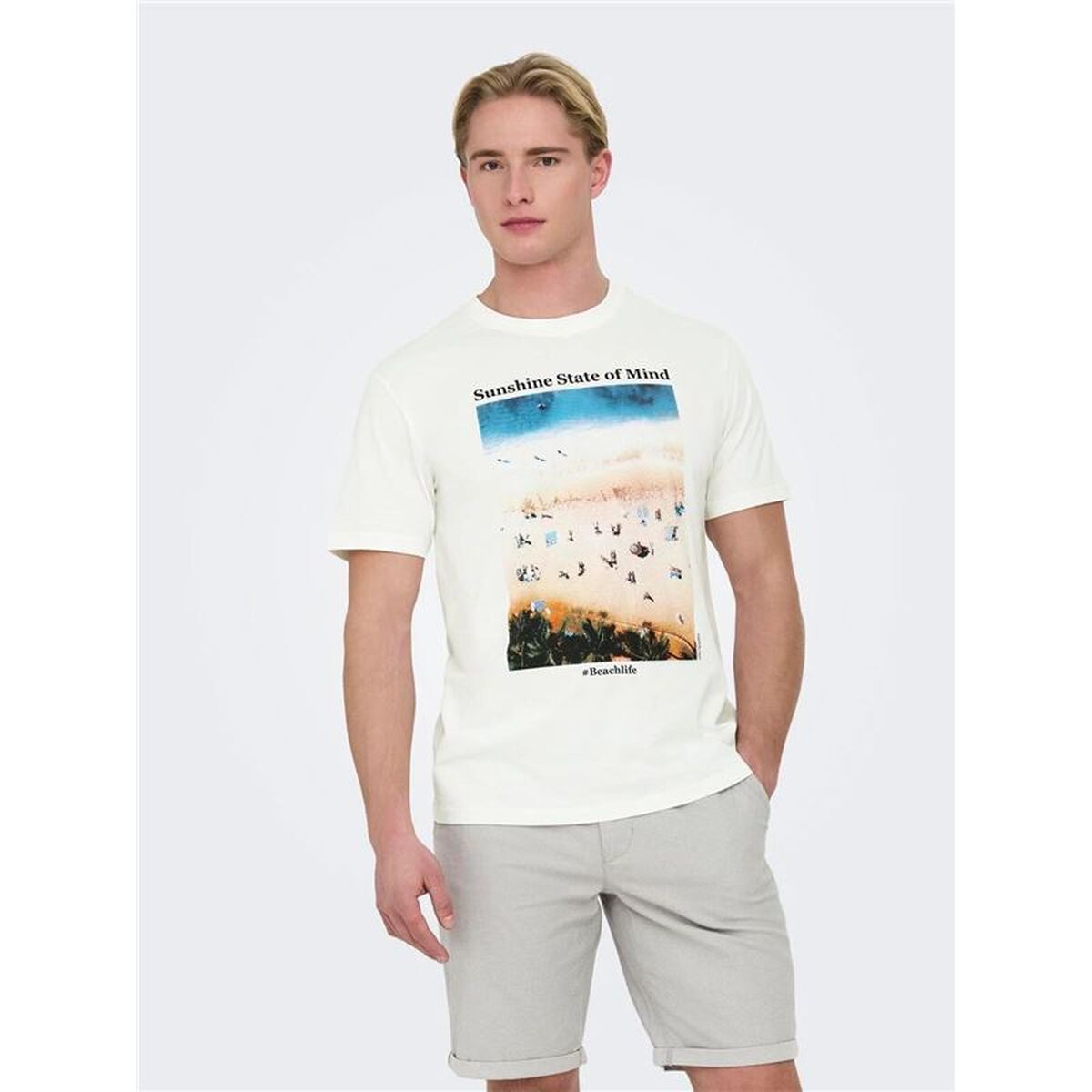 Tricou cu Mânecă Scurtă Bărbați Only & Sons Onskolton Reg Beach Alb