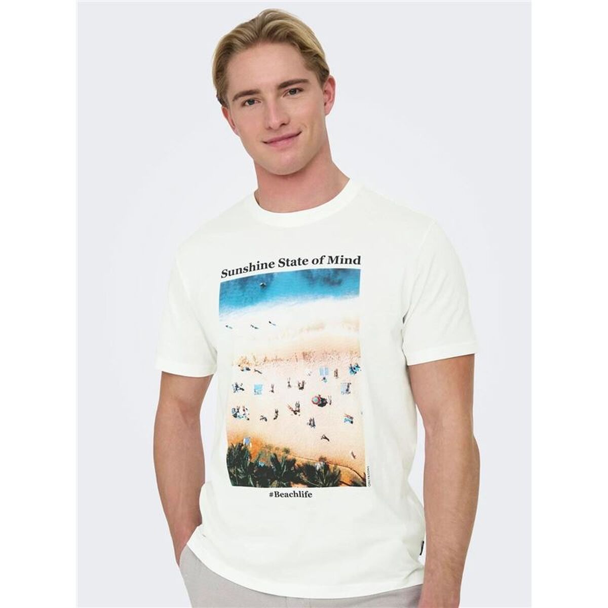 Tricou cu Mânecă Scurtă Bărbați Only & Sons Onskolton Reg Beach Alb