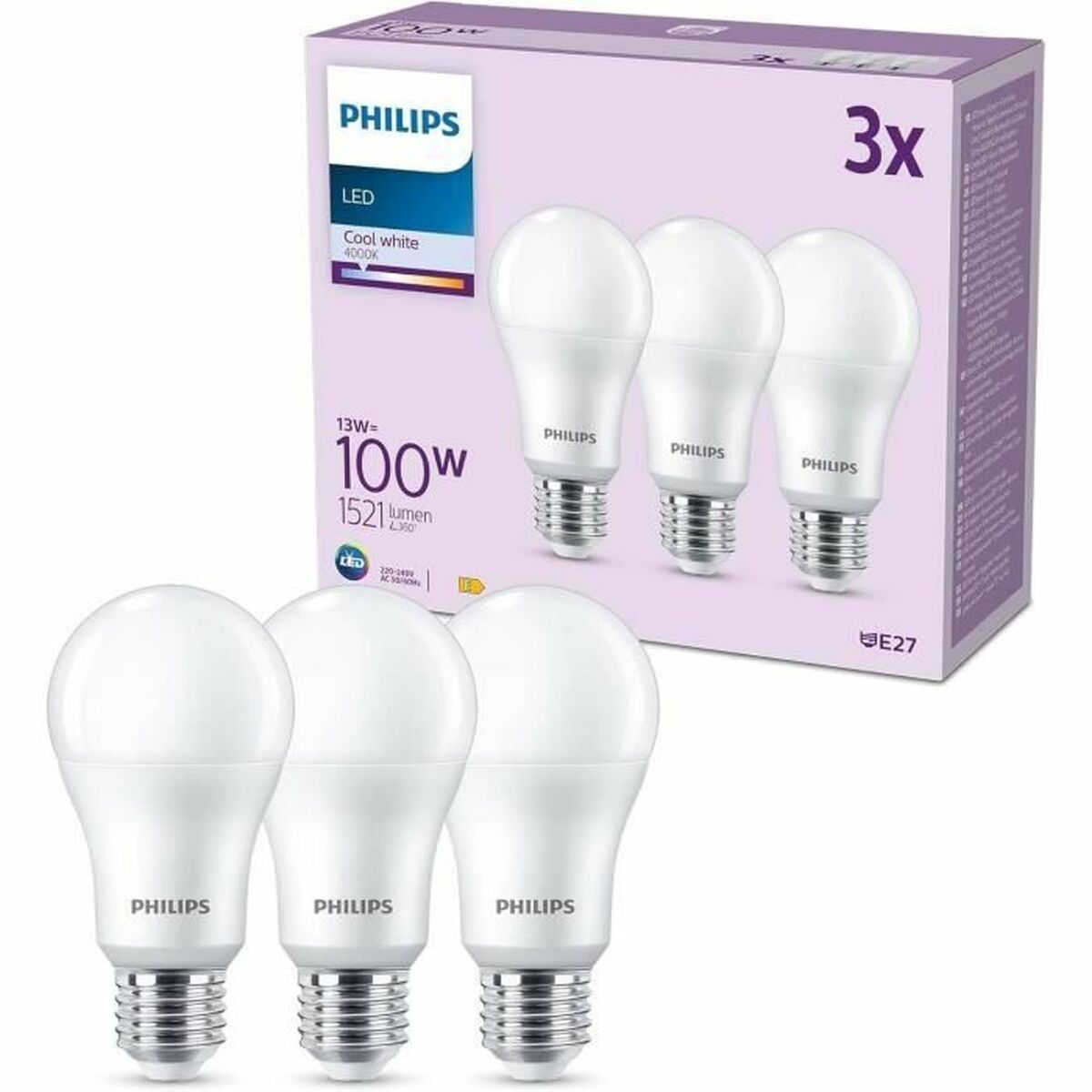Bec LED Philips A67 Alb E 100 W E27 3 Unități (4000 K)