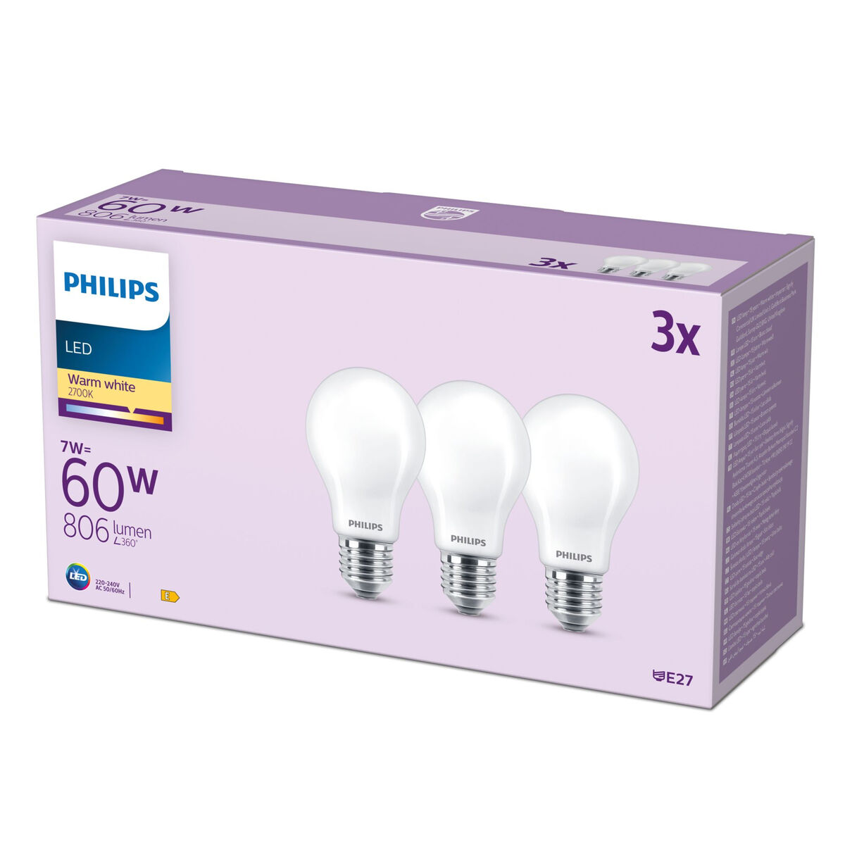 Bec LED Philips A60 E27 Alb cald E 7 W 60 W E27 806 lm 3 Unități (2700 K)