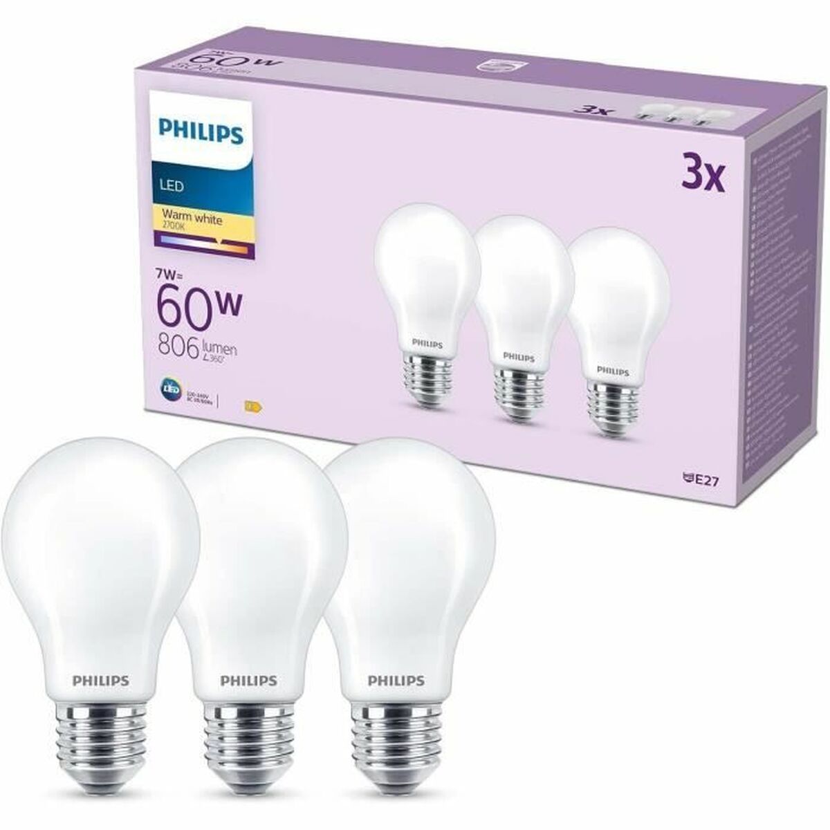 Bec LED Philips A60 E27 Alb cald E 7 W 60 W E27 806 lm 3 Unități (2700 K)