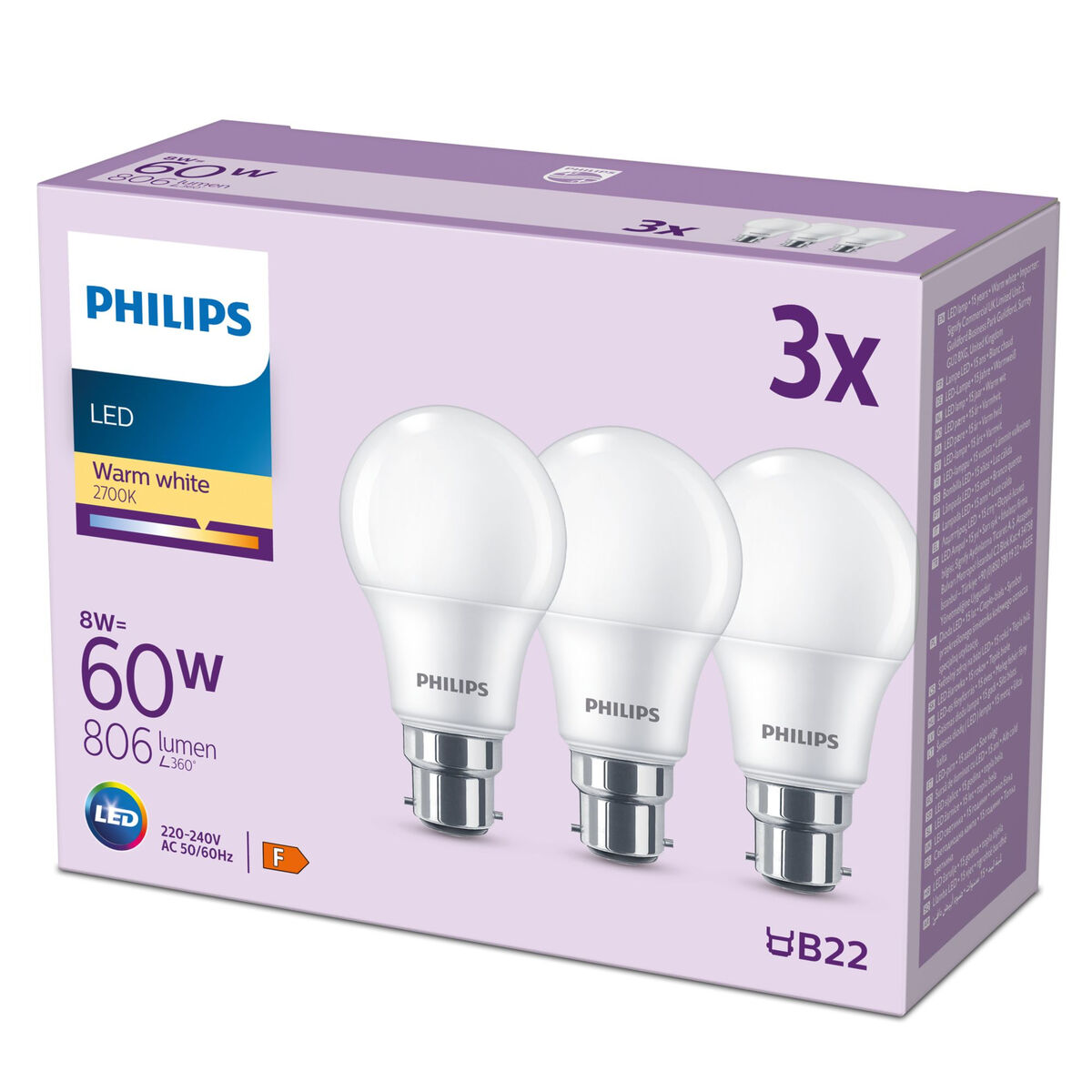 Bec LED Philips 60 W Mat Alb cald F 8 W 60 W B22 3 Unități (2700 K)