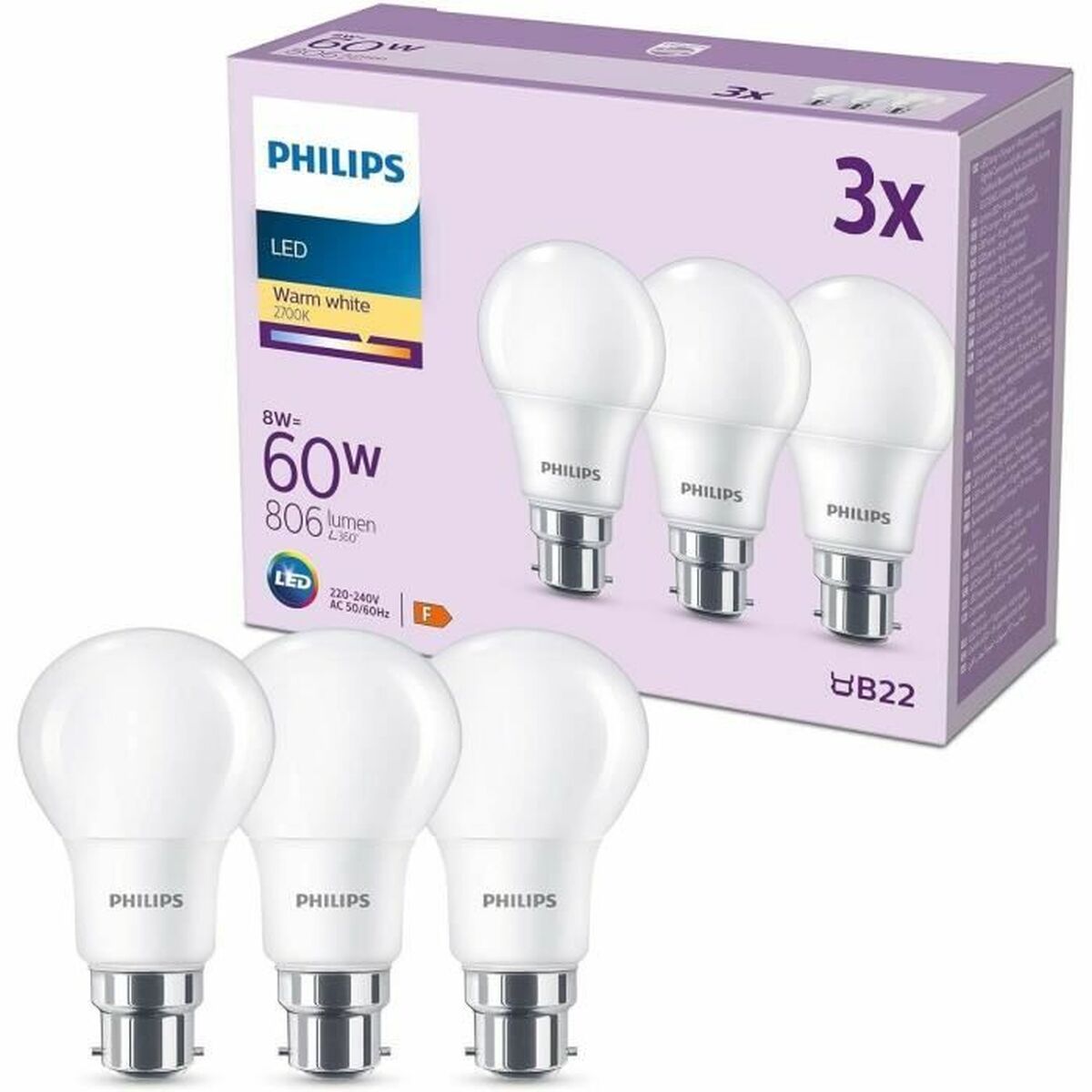 Bec LED Philips 60 W Mat Alb cald F 8 W 60 W B22 3 Unități (2700 K)