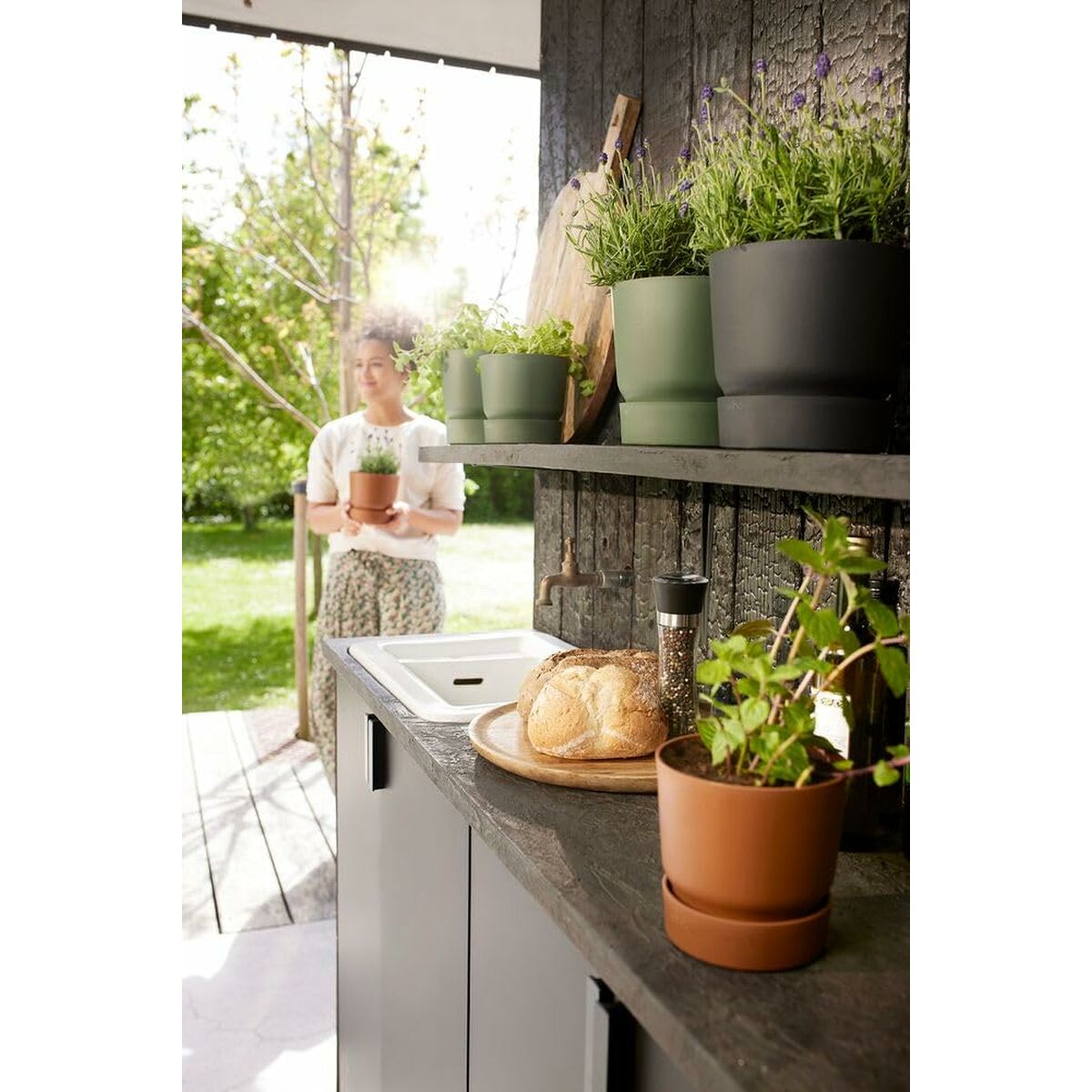 Set de ghivece Elho Negru Plastic Rotund 2 Piese