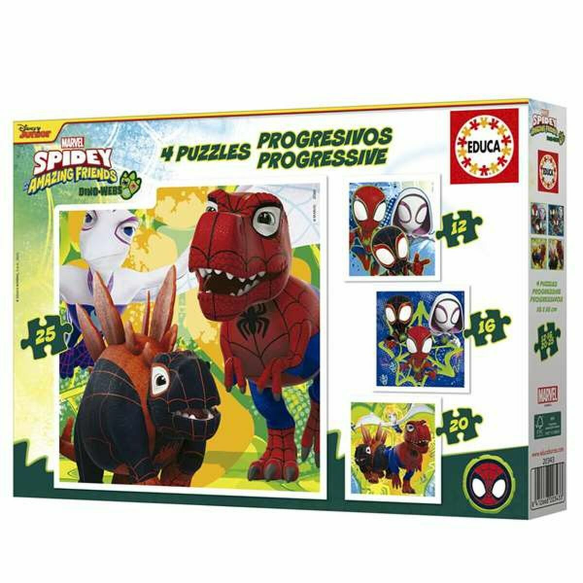 Set de 4 Puzzle-uri Educa Dino Spidey 12 Piese 16 Piese 20 Piese 25 Piese (4 Unități)