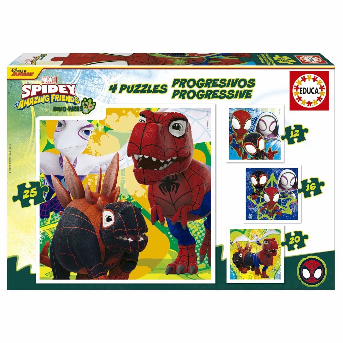 Set de 4 Puzzle-uri Educa Dino Spidey 12 Piese 16 Piese 20 Piese 25 Piese (4 Unități)